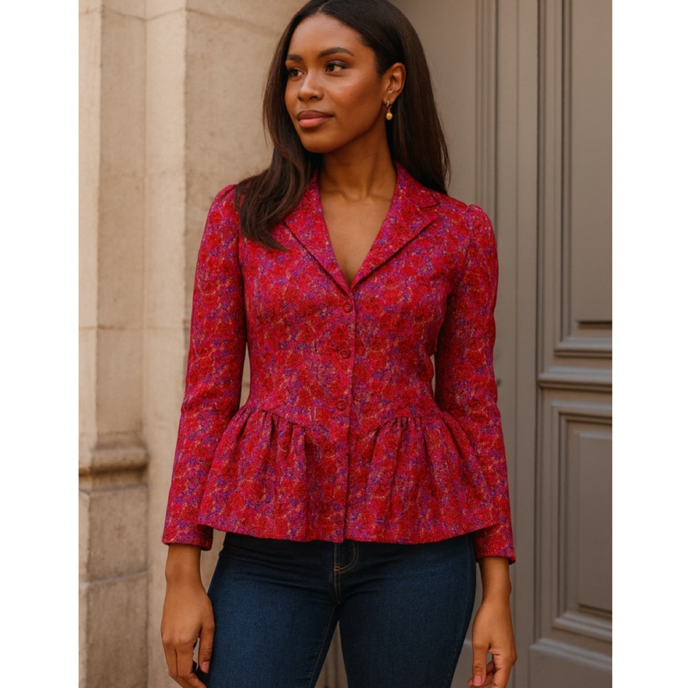 NWT Lela Rose Pink Red Floral Wave Peplum Flounce Blazer Jacket Size 10